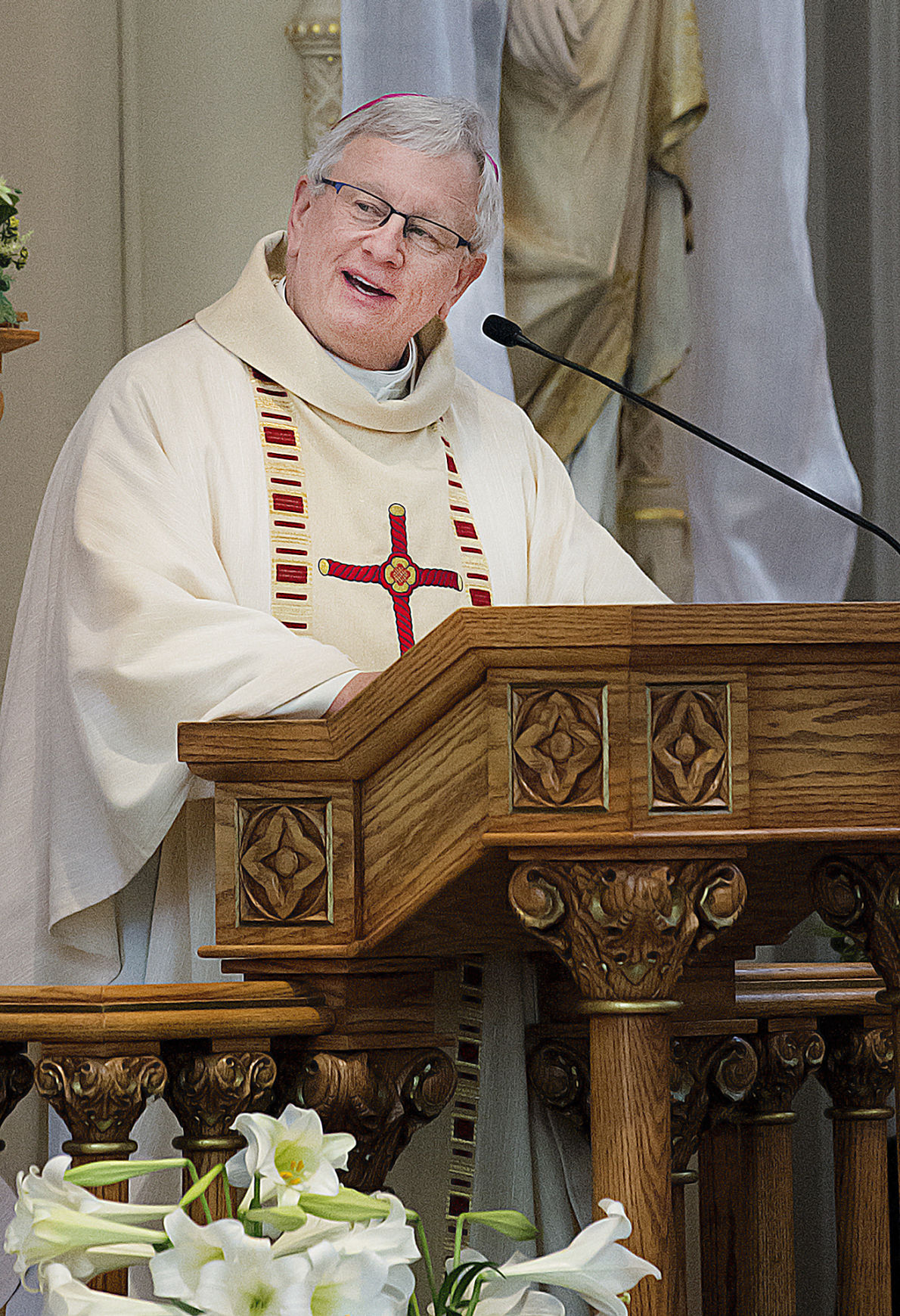 Bishop David Ricken who was ordained as a priest by Bishop Arthur Tafoya, give the homily during Tafoya's funeral mass on April 10, 2018 at Sacred Heart Cathedral in Pueblo, CO. (Photo Courtesy of Chris McLean, The Pueblo Chieftain)